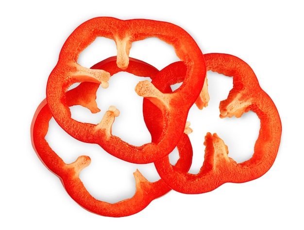 Sliced rings red bell pepper on an isolated white  background,top view