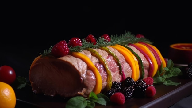 Sliced roast turkey and decoration with plants and fruits