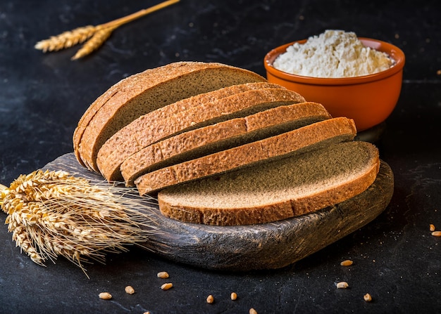 Sliced round rye bread on cutting board