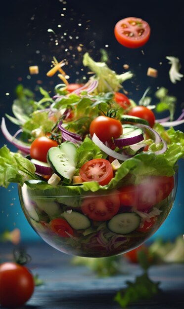 Sliced salad ingredients floating in the air frosting on blue background