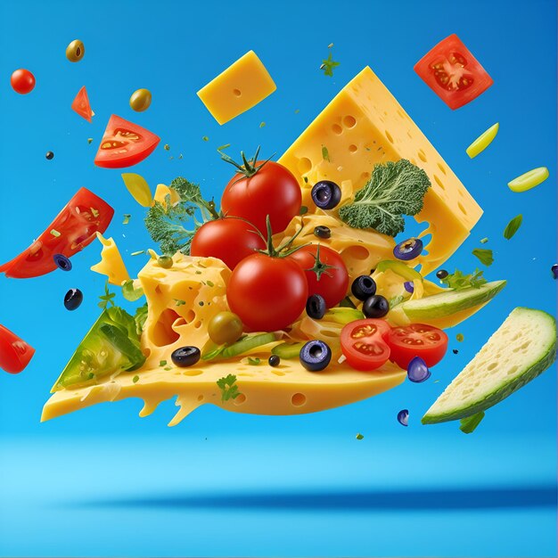 Sliced salad ingredients floating in the air frosting on blue background