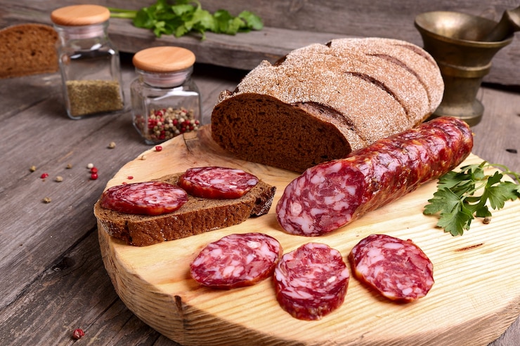 Photo sliced salami and bread on a cutting board