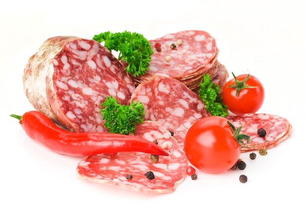 sliced salami isolated on white