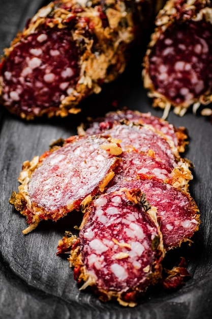 Sliced salami sausage On a black background