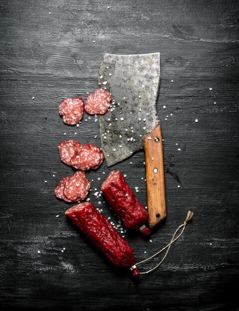 Sliced salami with spices and a hatchet. On a black chalkboard.