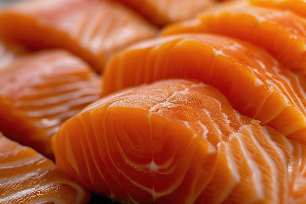 Photo sliced salmon fillet texture in detailed closeup