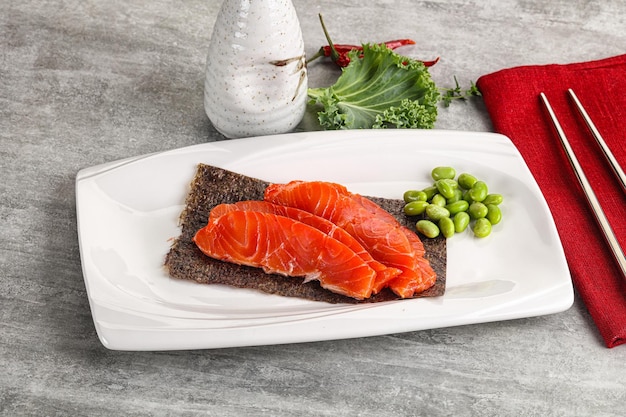 Sliced salmon sashimi in the plate