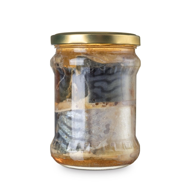 Sliced salted and prickled herring fish with oil in jar isolated on white background