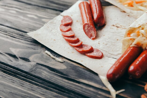 Sliced sausage on pita bread photo with copy space