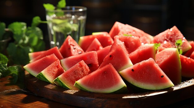 Sliced slices of ripe juicy watermelon against the background of the restaurant interior