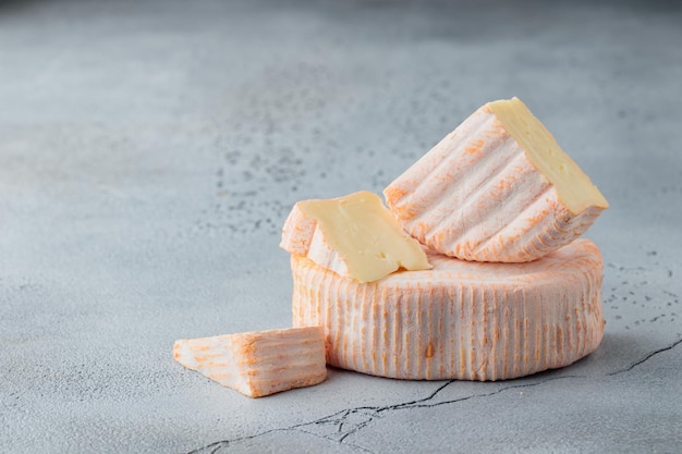 흰색 배경에 곰팡이가 있는 얇게 썬 부드러운 치즈