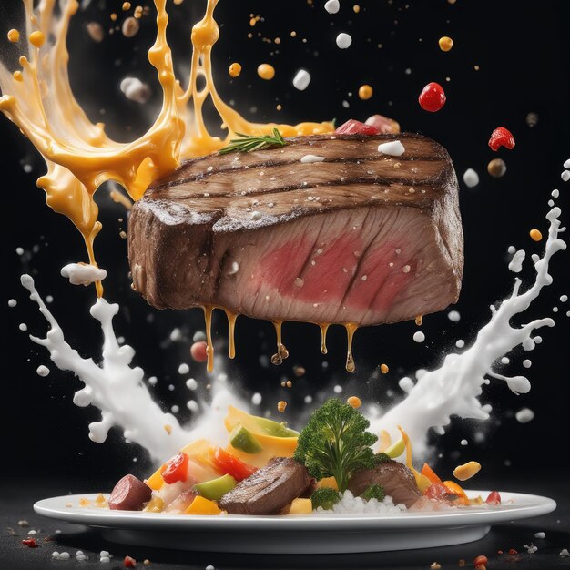 Sliced steak surrounded by splashes of sauces