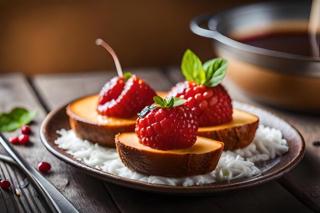 Sliced strawberries on a plate with a bowl of raspberries and a bowl of rice.