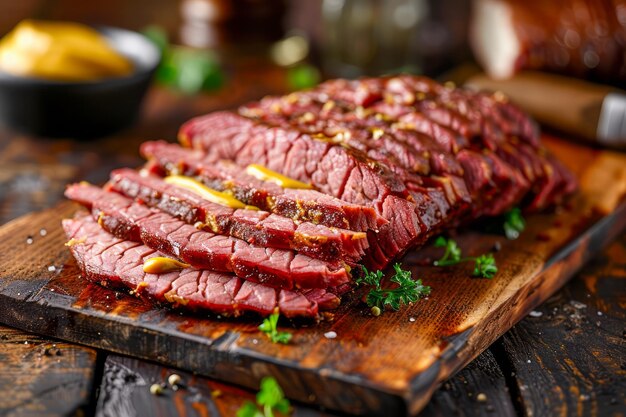 Sliced Tender Medium Rare Grilled Beef Steak met Gewassen op Houten Board Gourmet Meal Concept