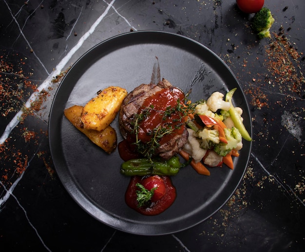 Sliced ​​tenderloin steak on black plate on dark background