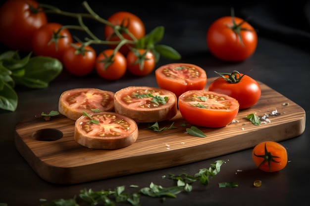 Sliced Tomato Red tomatoes on a Wooden Cutting Board Neural network AI generated