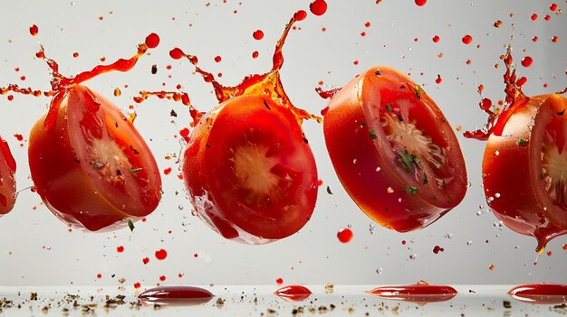 Foto tomato tagliato a fette con un po' di succo o ketchup