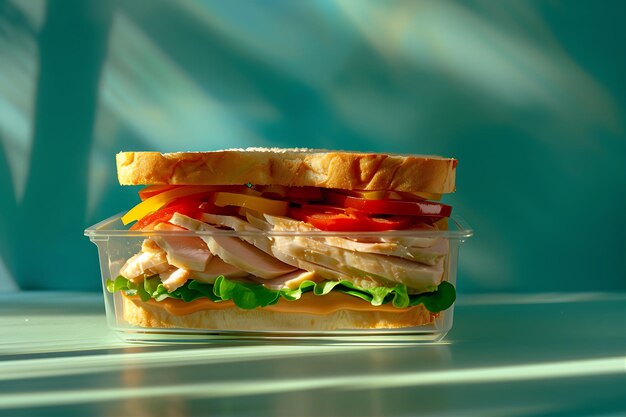 Photo sliced turkey sandwich clear container