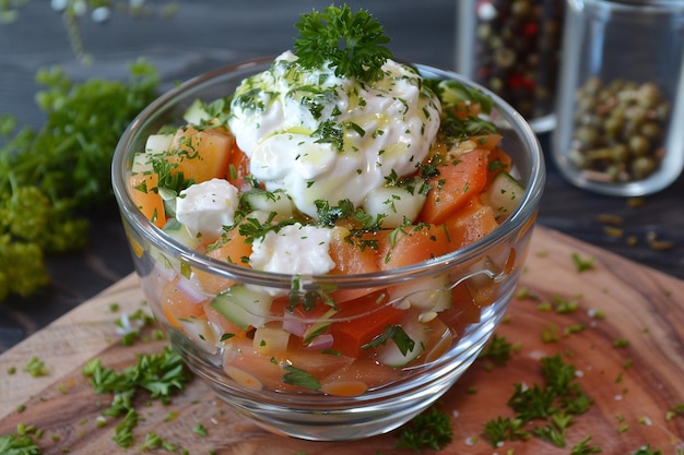 Sliced vegetable salad colorful with mayyonaise slight tasty salted inside glass during daytime