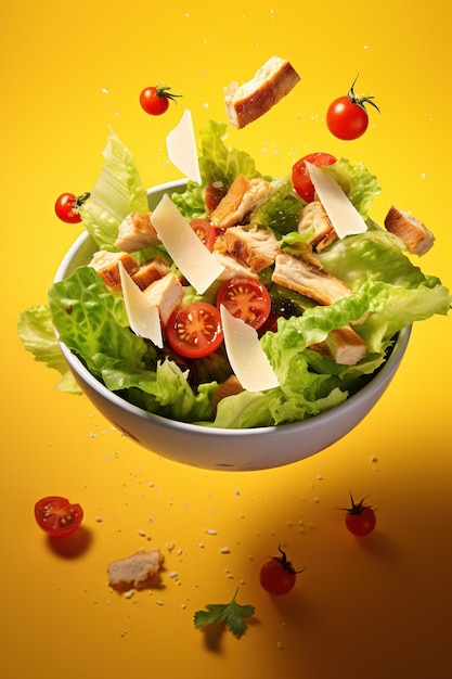 Sliced vegetables falling into bowl with salad on yellow background