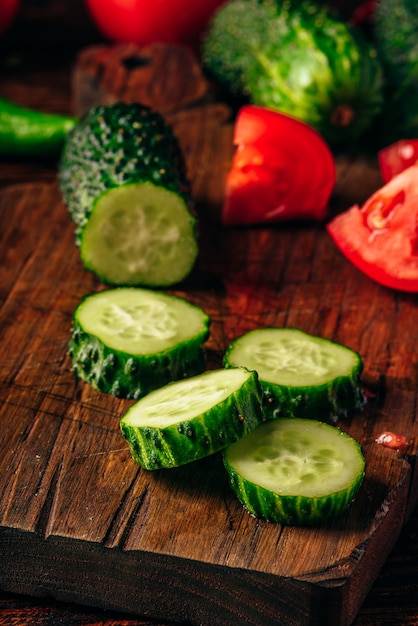 Sliced vegetables. Tomatoes, cucumbers and chili peppers over wooden table.