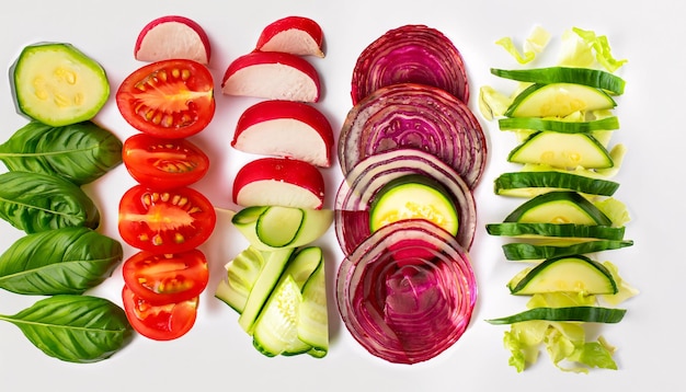 Photo sliced vegetables on a white background top view closeup