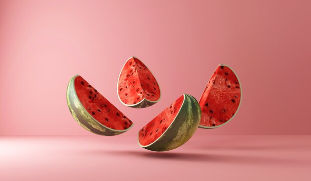 Sliced Watermelon pieces falling on pink studio background
