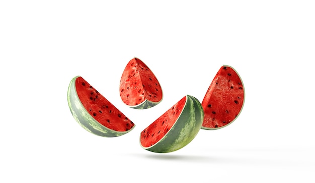 Sliced Watermelon pieces falling on white background