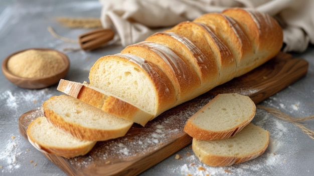 Sliced white bread on wooden board