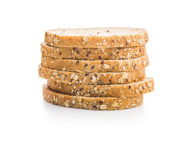 Sliced whole grain bread Tasty wholegrain pastry with seeds isolated on the white background