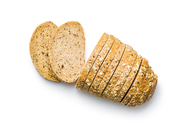 Sliced whole grain bread Tasty wholegrain pastry with seeds isolated on the white background