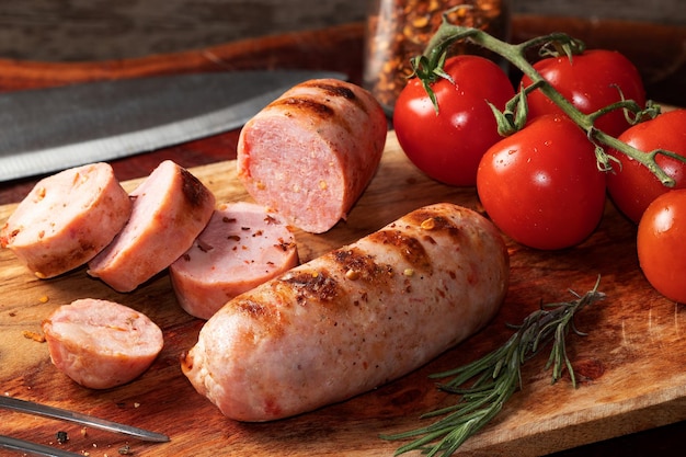 Sliced and whole grilled sausage on cutting board Selective focus