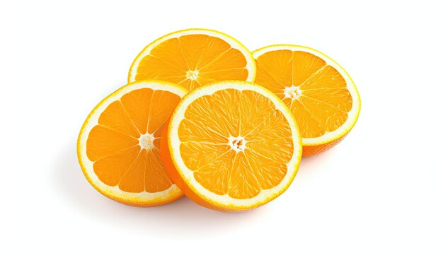 sliced and whole oranges on white background