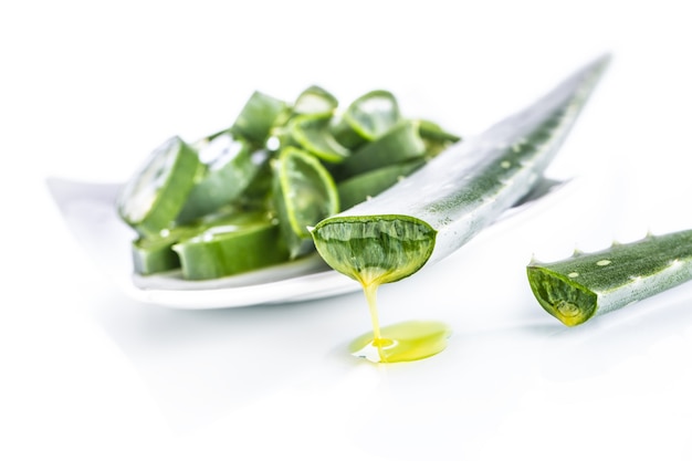 Slices of aloe vera with gel on white background.