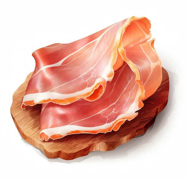 Photo slices of appetizing jamon is shown on a white background