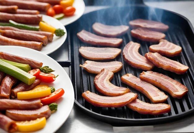 Slices of bacon cooking on a griddle with steam rising next to a plate with sausages and skewers with meat and vegetables in the background