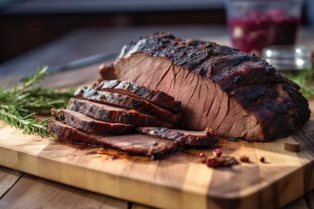 Slices of bbq brisket presented on a board suggestive of a feast