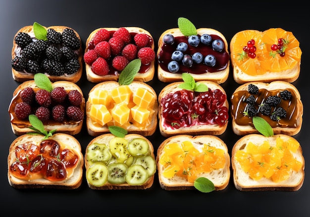 Slices of bread or toast with different type of sweet jam or fruit on dark background AI generated