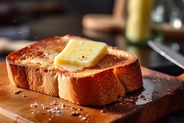 Foto fette di pane con burro su tavola di legno con intelligenza artificiale generata