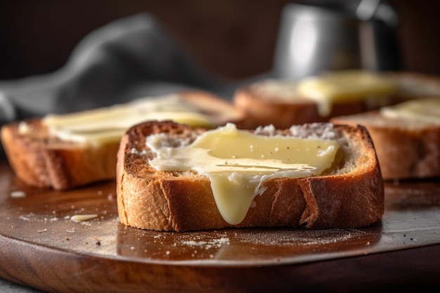 Slices of bread with butter on wooden board with AI generated