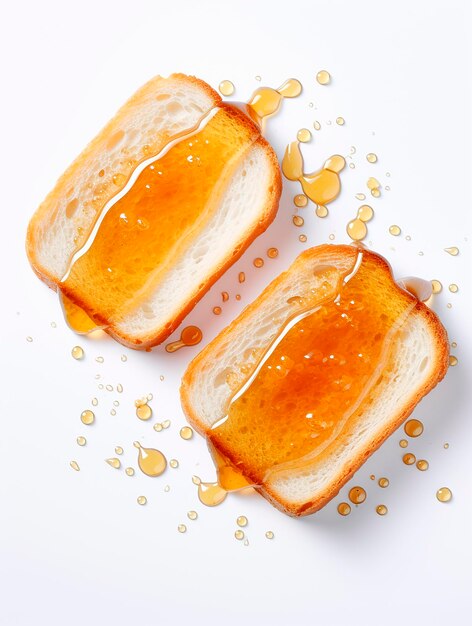 Slices of bread with orange marmalade on white background