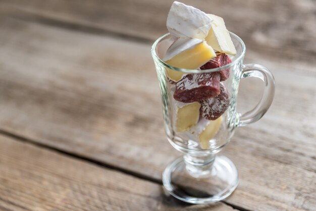 Slices of Camembert and salami in the glass