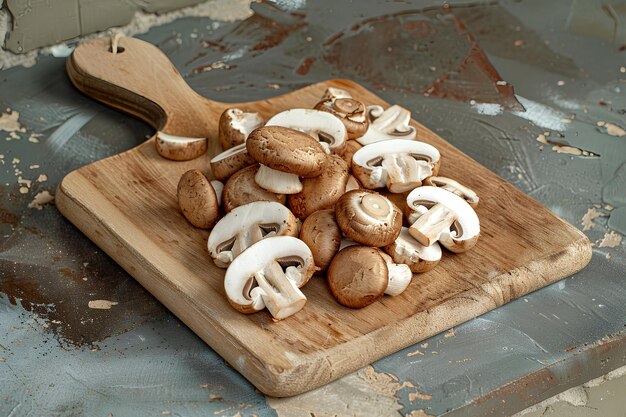 Photo slices of champignon mushrooms displayed on a rustic wooden kitchen board