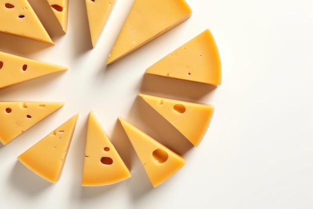 Slices of cheese in a circle on a white background