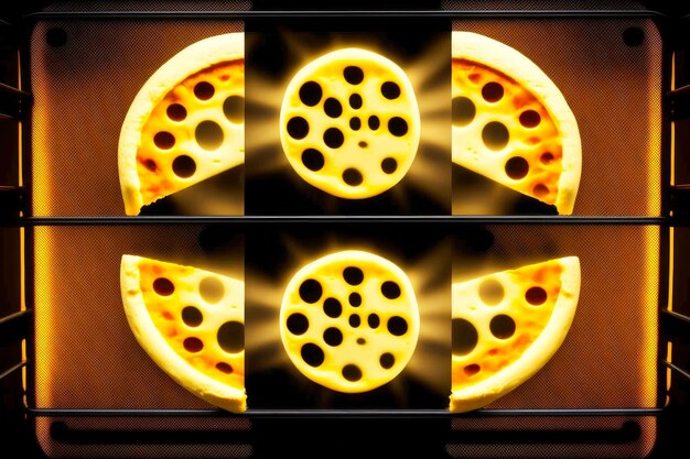 Slices of cheese on grill with black circles baked in oven created with generative ai