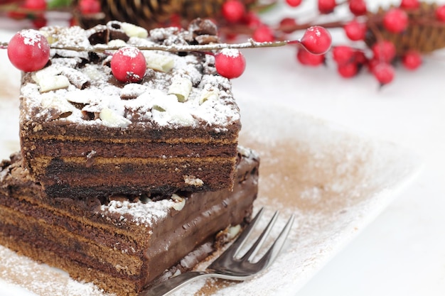 Slices of Christmas chocolate cake