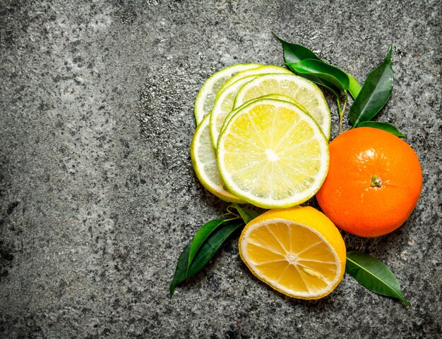 Slices of citrus fruits. Top view. On rustic background