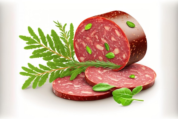 Slices of cold salami with herbs and tomatoes isolated on white Close up