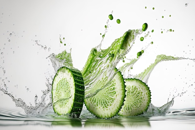 Slices of cucumber splashing with water over a white backdrop