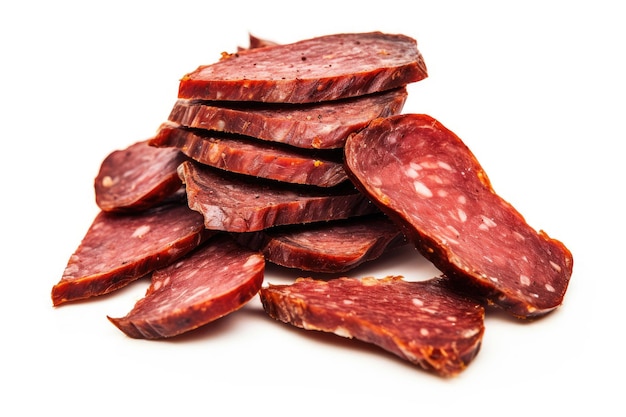 Slices of cured sausage on white background